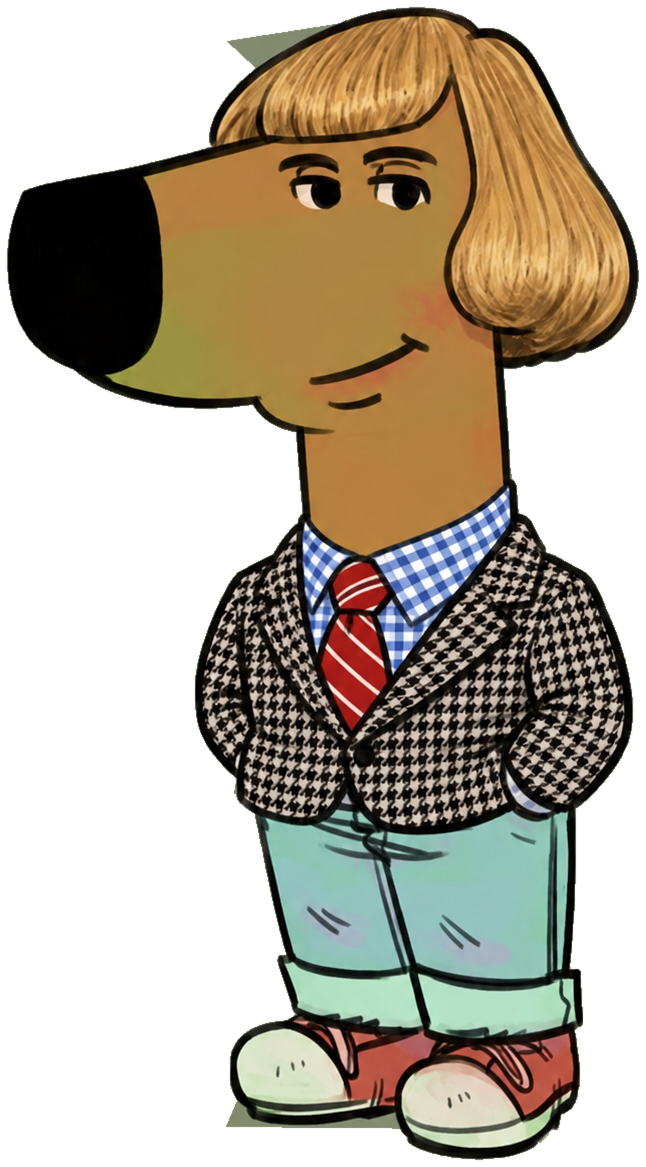 Phil, a smiling golden dog with a blond bob, houndstooth jacket, checkered shirt and red tie